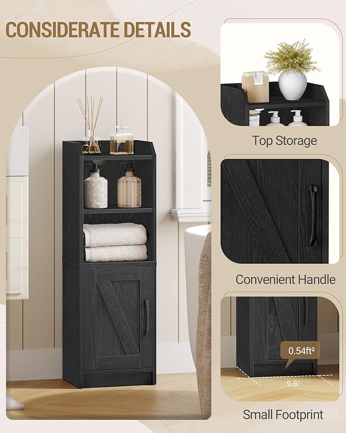 Hzuaneri Bathroom Storage Cabinet, Small Farmhouse Corner Floor Cabinet with Door and Shelves, Narrow Toilet Paper Holder Stand, Bathroom Organizer with Adjustable Shelf, for Small Spaces, Black