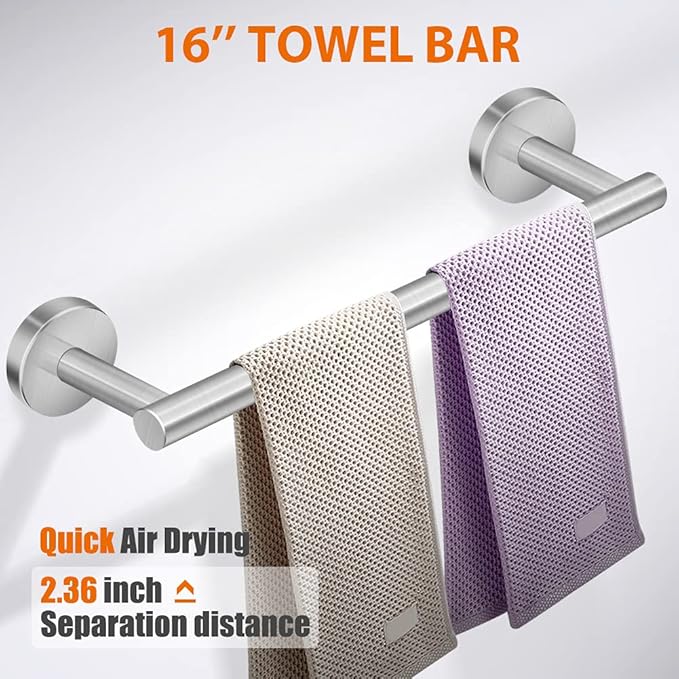 Tudoccy 5-Pieces Bathroom Hardware Set Brushed Nickel SUS304 Stainless Steel Round Wall Mounted - Includes 16" Hand Towel Bar, Toilet Paper Holder, 3 Robe Towel Hooks,Bathroom Accessories Kit