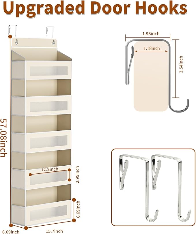 Over The Door Organizer with 5 Large Pockets, Over the Door Storage 10 Side Pocket 44 lb Load Behind Door Storage, Closet Door Organizer Hanging Shelf for Wall Bathroom Bedroom Nursery, 5-Tier Beige