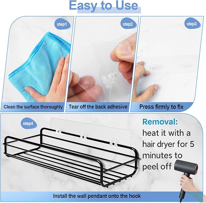Shower Caddy Adhesive Replacement, Strong Shower Shelf Adhesive,2 Pack WaterProof Showers Adhesives Strip, Ad-hesive Hook for Showers, No Drilling for Bathroom Storage Shelve and Kitchen Rack
