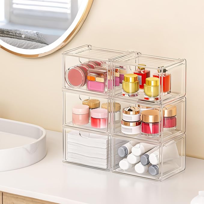 caktraie Acrylic Stackable Storage Drawers Set of 6, Clear Plastic Storage Boxes for Art Tool & Sketch, Storage Organizer, Makeup Organizer,Ideal for Vanity, Bathroom,Cabinet,Pantry Organization