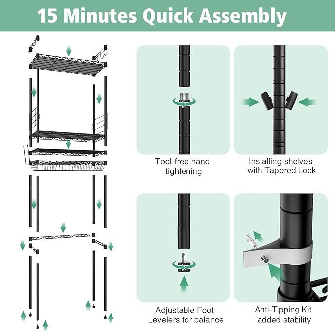 PrimeZone Over The Toilet Storage Rack - 4 Tier Adjustable Bathroom Shelf Organizer, Metal Space Saver Over Toilet with 2 Hooks, Freestanding Above Toilet Storage Shelves for Bathroom Laundry, Black