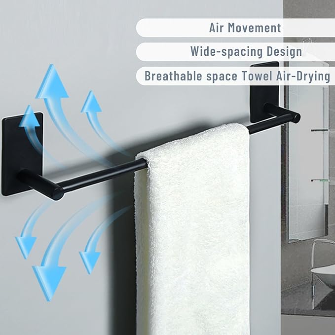Alise Adhesive Towel Bar, 16 Inch Towel Racks for Bathroom SUS 304 Stainless Steel,Bathroom Towel Holder No Drill, Strong Self Adhesive Towel Bar, Matte Black