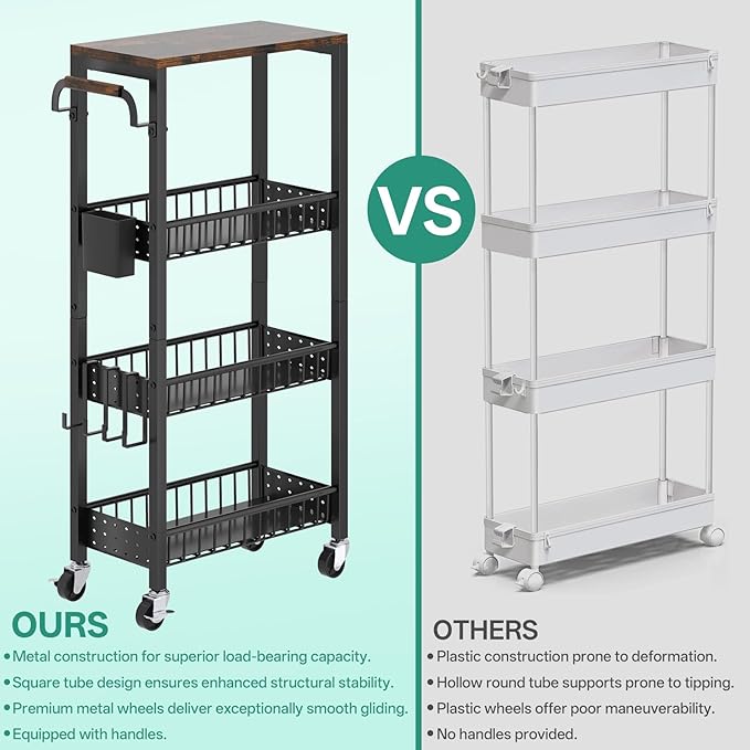 DTUQYX Slim Bathroom Storage Cart, 4 Tier Small Rolling Organizer Cabinet with Wood Top Handle, Mobile Shelving Unit Slide Out for Office, Kitchen, Laundry Room & Narrow Places (9.1" Overall Width)