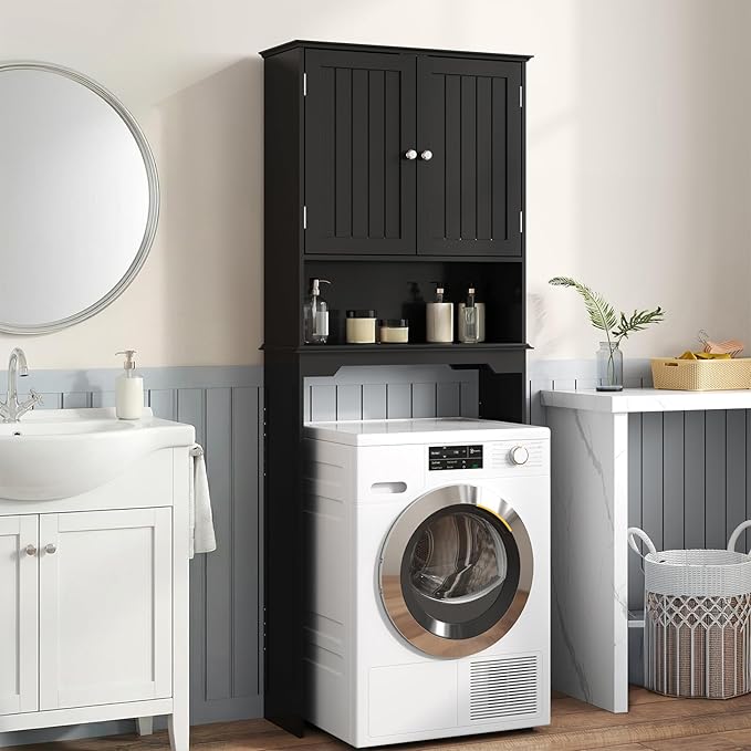DUMOS Over the Toilet Storage Cabinet, Bathroom Storage Cabinet Over Toilet with Double Doors and Adjustable Shelf, Freestanding Toilet Rack for Bathroom, Black