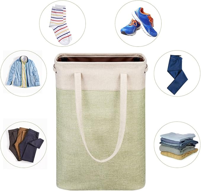 Laundry Basket with Handles Beige&Green Slim Laundry Bin Collapsible Dirty Clothes Basket Narrow Laundry Bag Foldable Dirty Hamper for Camping, Dorms, Apartments