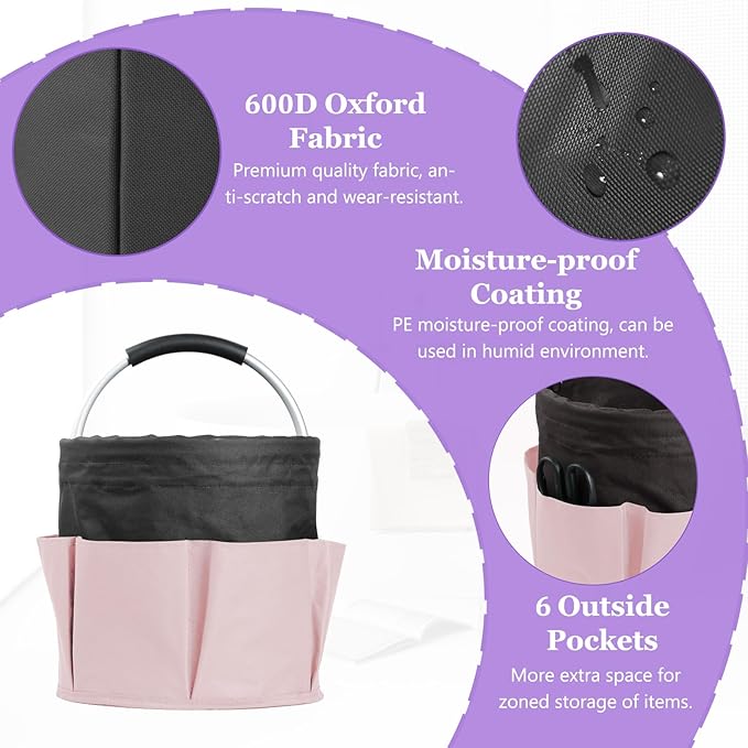 2Pcs 17L Shower Caddy with 6 Pockets, Portable Cleaning Caddy in 600D Oxford Fabric, Cleaning Supplies Bucket with Handle, Multifunctional Storage Basket for Dorm, Family, Black with Pink