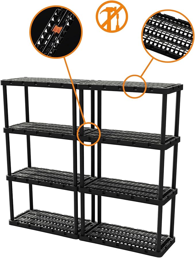 Gracious Living 4 Pack Heavy-Duty Storage Shelves, Knect-A-Shelf 4-Shelf Ventilated Storage Shelving Rack for Home Organization, Black