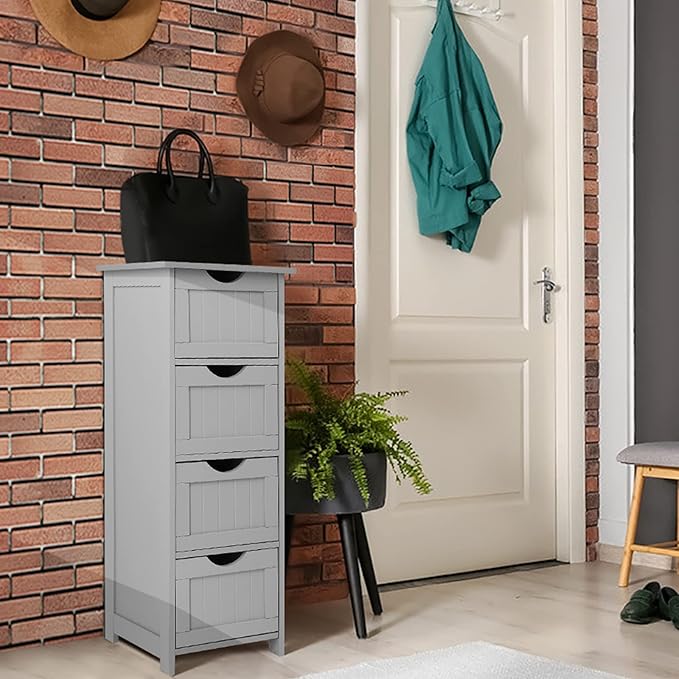 VINGLI Gery Bathroom Storage Cabinet with 4 Drawers Wooden Freestanding Slim Bathroom Floor Cabinet Small Side Organizer Storage Unit for Restroom Livng Room Kitchen Office Hallway Entryway