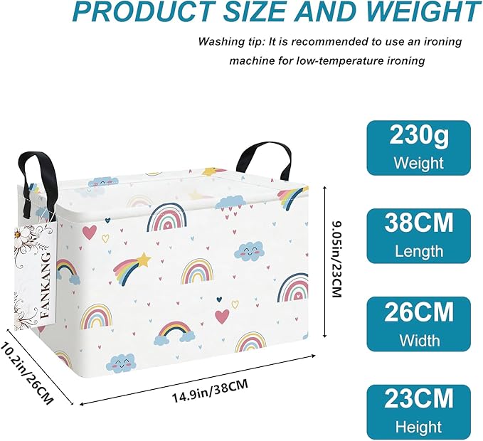 Storage Bins, Nursery Hamper Canvas Laundry Basket Foldable with Waterproof PE Coating Large Storage Baskets for Kids Boys and Girls, Office, Bedroom, Clothes,Toys(Rec-Love Rainbow）