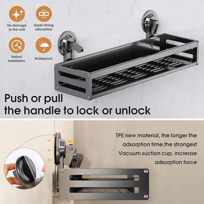 Suction Cup Shower Caddy, 15.7inch Extended Version, with 5 Hooks & Towel Rrack, No Drilling Required, Rust-Resistant Bathroom Shower Organizer (Dark Gray, 2-Pack)