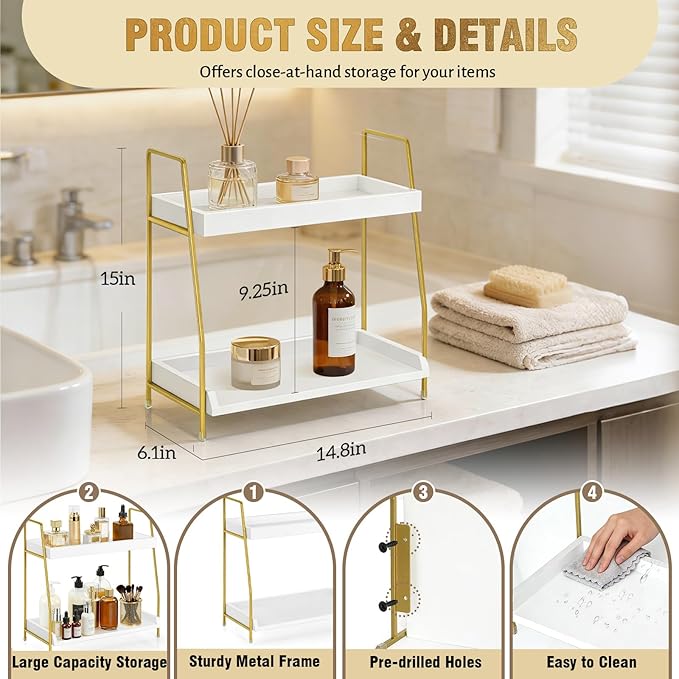 2-Tier Bathroom Counter Organizer, Wood Countertop Organizer for Bathroom Decor, Bathroom Organizers and Storage, Skincare Organizers for Vanity , Counter Storage Shelf for Bedroom Kitchen Office