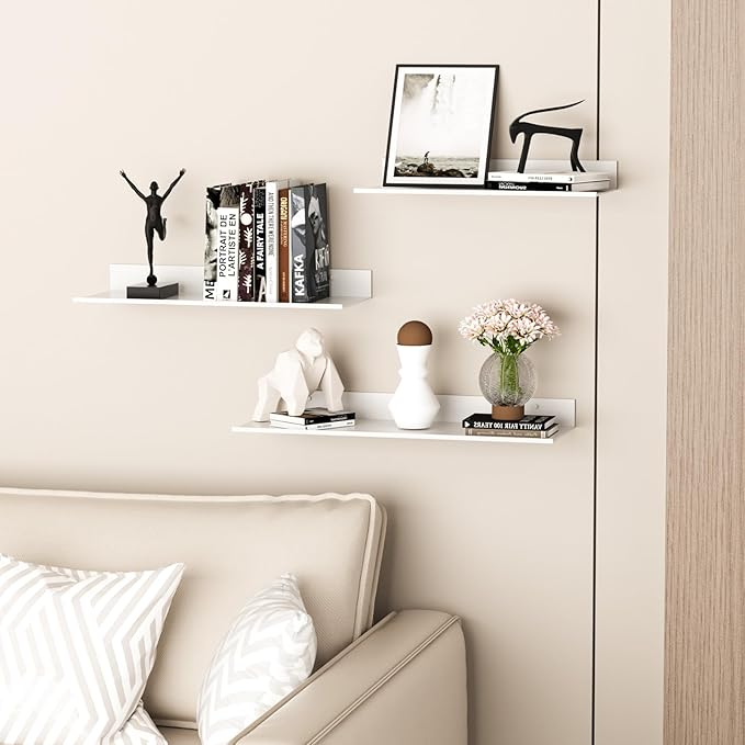 Wisfame White Floating Wall Shelves for Bedroom, Modern Bathroom Shelves Wall Mounted No Drilling Set of 3, Metal Small Decor Floating Shelf for Living Room Office