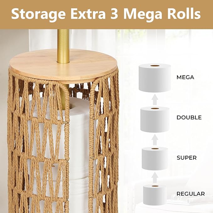 Trongee Freestanding Toilet Paper Holder with Storage,3 Rolls of Boho Toilet Paper Holder Stand with Lid,Gold Toilet Tissue Holder Stand Rattan Paper Storage Wicker Toilet Roll Holder Basket