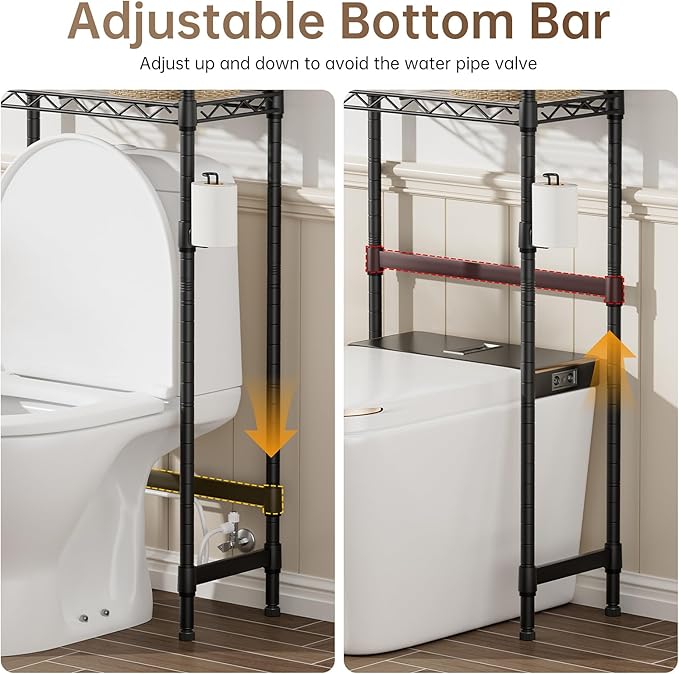 Golpart 3-Tier Over The Toilet Storage Shelf,Heavy Duty Adjustable Metal Bathroom Rack with Toilet Paper Holder & Hooks,Space-Saving Organizer for Bathroom,10”D x 24”W x 66”H,Black