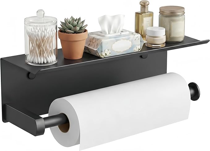 FORIOUS Paper Towel Holder with Shelf, SUS304 Stainless Steel Paper Towel Holder with Storage Shelf, Wall Mount Screw Paper Roll Organizer Commercial Paper Hand Towel Dispensers, Mattle Black