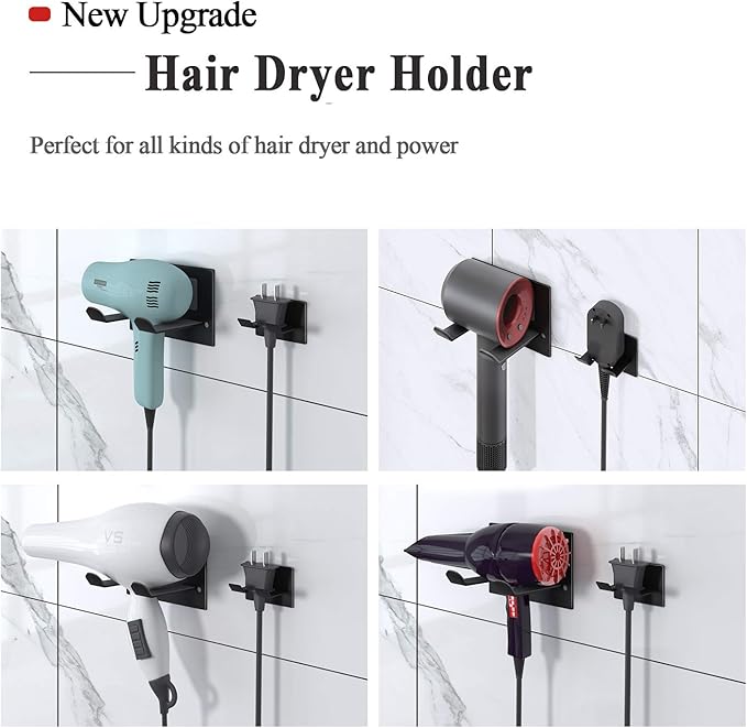 XIGOO Self Adhesive Hair Dryer Holder Wall Mounted - Adhesive Bathroom Hair Blow Dryer Rack Organizer Compatible with Supersonic Hair Dryers (Black)