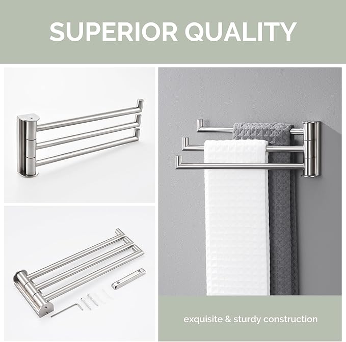 Angle Simple Swivel Hand Towel Holder 3 Bars Brushed Nickel, 304 Stainless Steel Hand Towel Rack for Bathroom Wall Mount