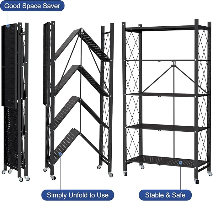Storage Shelves, 5-Shelf Closet Organizers and Storage Foldable Metal Shelving Units 28.3" W x 13.35" D x 63" H for Garage Kitchen Bakers, Collapsible Organizer Rack, Heavy Duty on Wheels