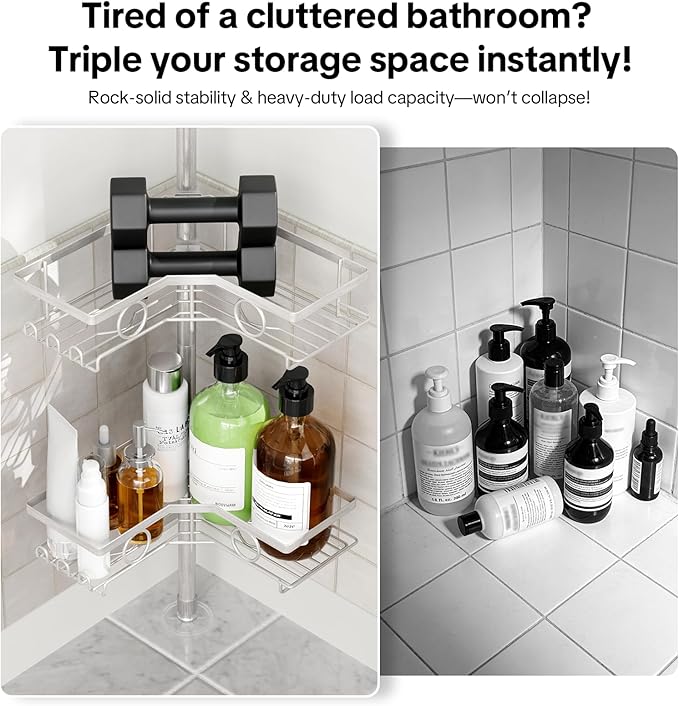 Corner Shower Caddy Tension Pole, 4 Tier Rustproof Shower Tension Rod Organizer with Soap Holder & Hooks, Adjustable 30-121 Inch Bathroom Shelf for Renters - Family Stand Storage Rack, Silver