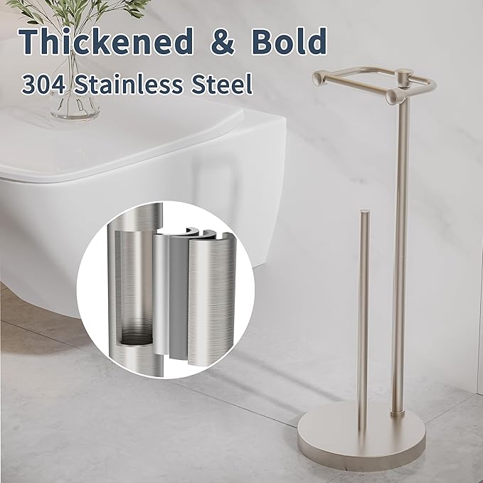 RARXTR Toilet Paper Holder Stand, Post Pivoting Design Free Standing Toilet Paper Holder with Storage for 4 Rolls, SUS304 Stainless Steel Tissue Holder with Reserve, Heavy-Duty Base (Brushed Nickel)