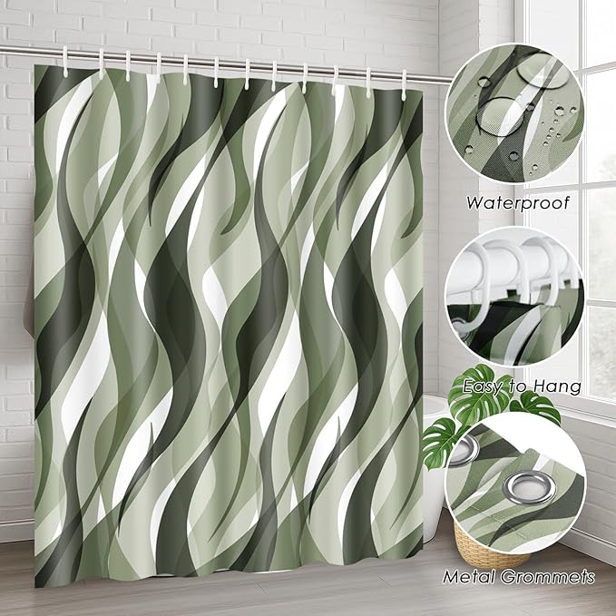 Green Shower Curtain Set with Toilet Lid Cover and Non-Slip Rugs for Bathroom, Geometric Lines Ombre 4 Pcs Shower Curtain, Simple Abstract Modern Bathroom Set with 12 Hooks