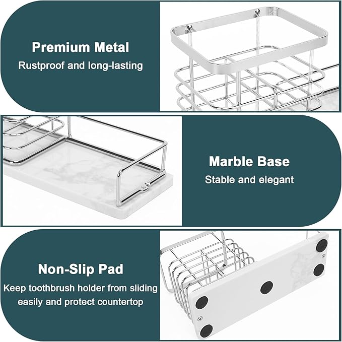 Toothbrush Holder, Luxurious Metal Toothbrush Toothpaste Holder with Marble Base for Bathroom, Multi-Slots Openwork Design, Bathroom Accessory for Storage and Organizer (Large, Chrome)