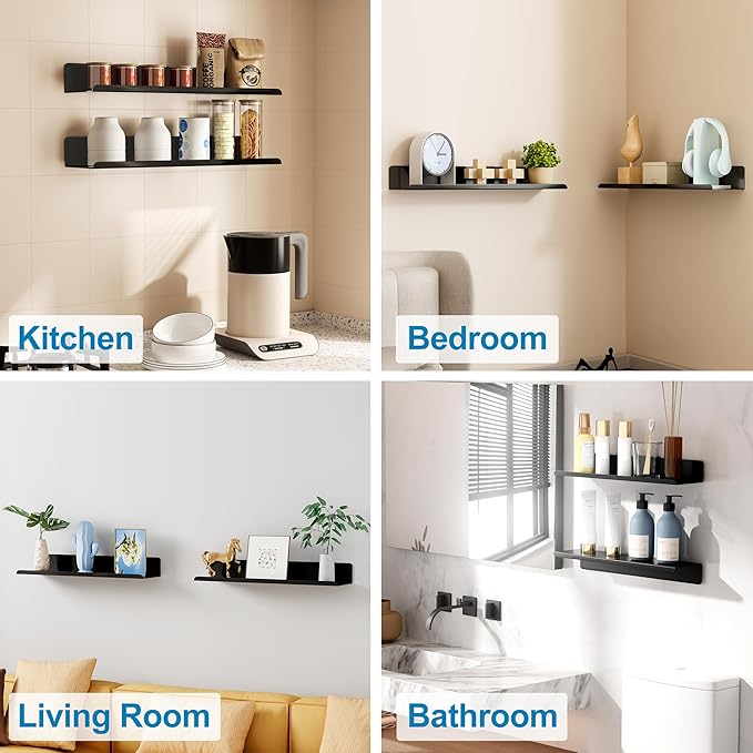 SAYAYO Black Floating Shelves for Wall Storage, 16 Inch Adhesive Wall Shelves for Bedroom Decor, Small Display Bathroom Shelf Organizer for Kitchen, Living Room, Office, 2pcs