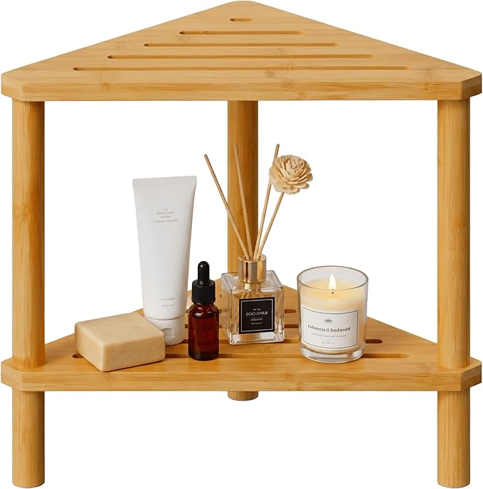 Bamboo Corner Shower Stool with Storage Shelf, Waterproof 2-Tier Shower Foot Rest for Shaving Legs, Small Bathroom Corner Bench Organizer for Inside Shower, Spa Bath Seat