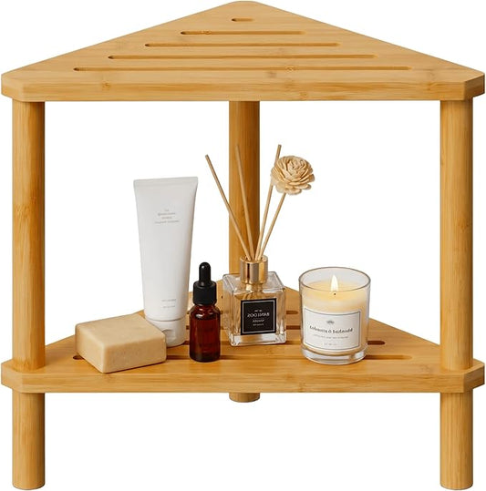 Bamboo Corner Shower Stool with Storage Shelf, Waterproof 2-Tier Shower Foot Rest for Shaving Legs, Small Bathroom Corner Bench Organizer for Inside Shower, Spa Bath Seat