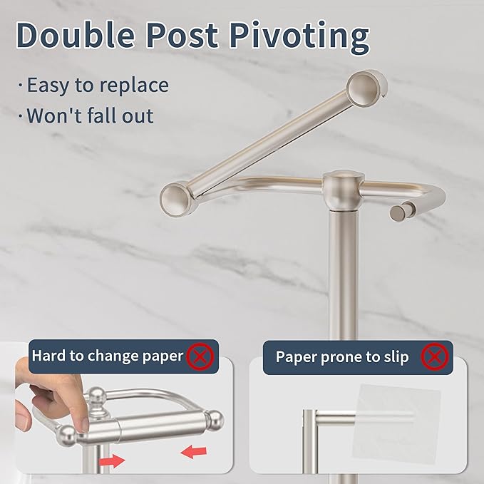 RARXTR Toilet Paper Holder Stand, Post Pivoting Design Free Standing Toilet Paper Holder with Storage for 4 Rolls, SUS304 Stainless Steel Tissue Holder with Reserve, Heavy-Duty Base (Brushed Nickel)
