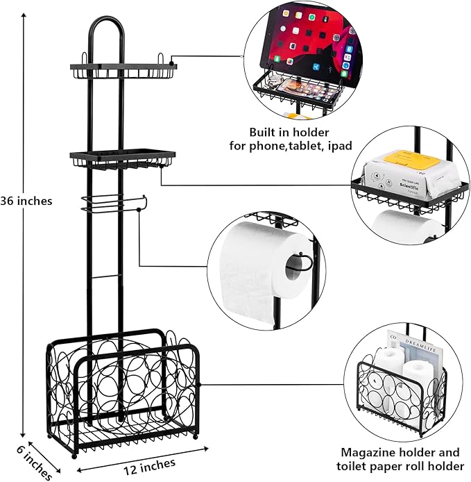 Oasis Creations Toilet Paper Holder Tissue Rack Stand with Magazine Toilet Roll Storage Basket- Freestanding, Black Metal