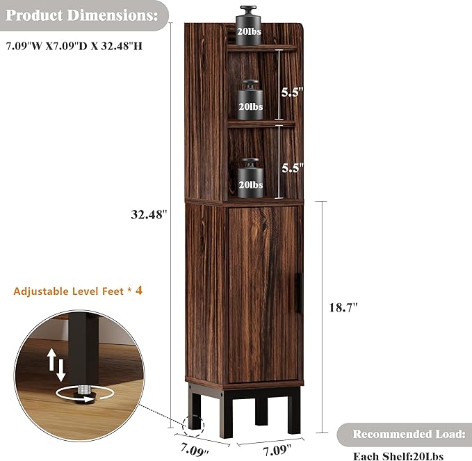 Small Bathroom Storage Cabinet, Corner Floor Cabinet with Door and Shelves, Narrow Toilet Paper Cabinet, Bathroom Organizer with Adjustable Shelf, for Small Spaces (Walnut)