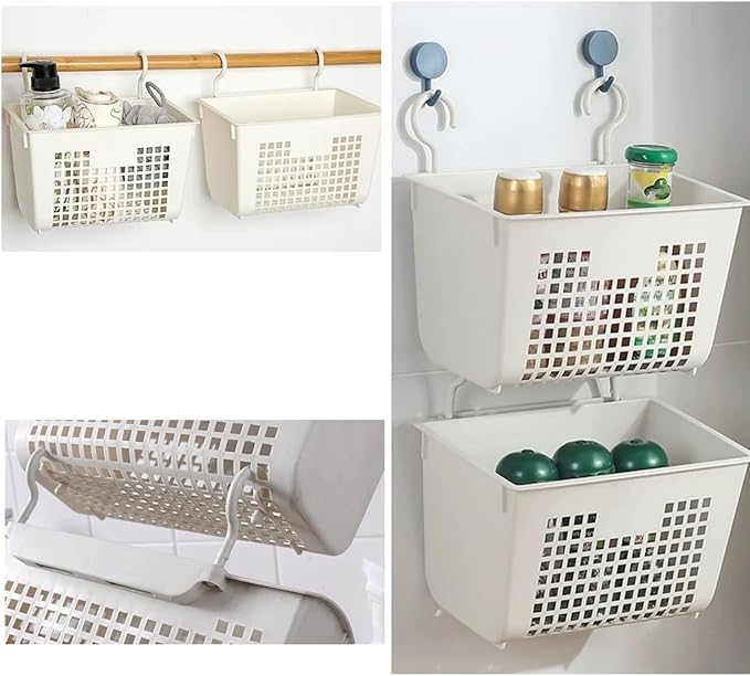 5PCS Plastic Hanging Baskets for Shower, Hanging Basket Organizer with Hooks, Rectangle 11.3Inches Small Hanging Storage Basket (Beige)