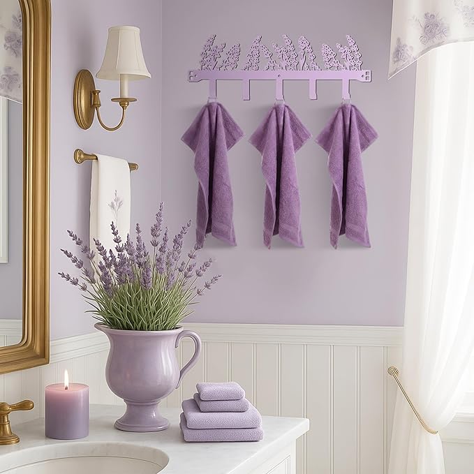 AceOrbit Purple Lavender Flower Over The Door Hooks Wall Mount Towel Hanger Cute Door Holder Rack with 5 Hooks Hanging Towel, Coat Keys, Bags, Clothes for Bedroom Bathroom Kitchen Dorm Room Organizer
