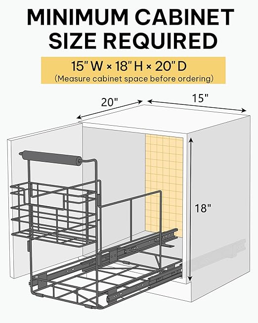 Bulado Pull Out Trash Can Under Cabinet, Under Sink Trash Can Kit with Side Bag Holder, Cabinet Pull Out Organizer for 7.5-10 Gallon Bin, Easy Installation, Bin Not Included
