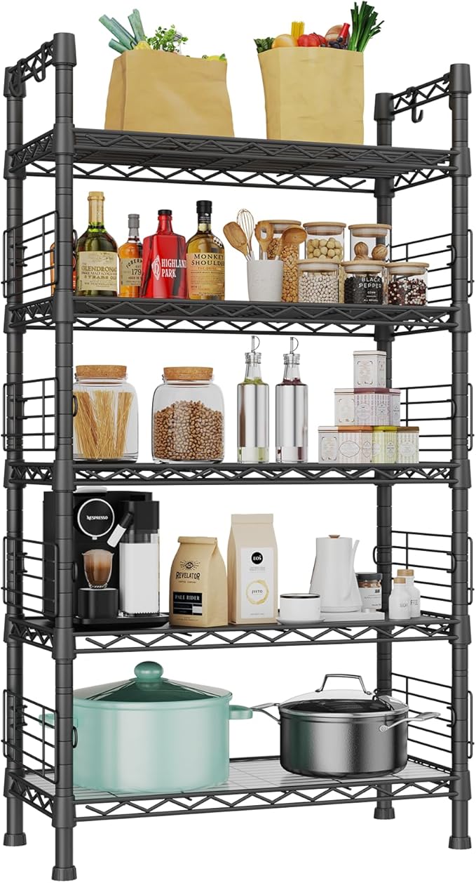 FUTASSI Large Metal Storage Rack, Storage Organizer Shelves for Kitchen, Bathroom, Living Room, Balcony and Garage, 5 Tiers Narrow Bookshelf, 29.5" W x 9.4" D x 59.2" H, Load 480lbs, Black