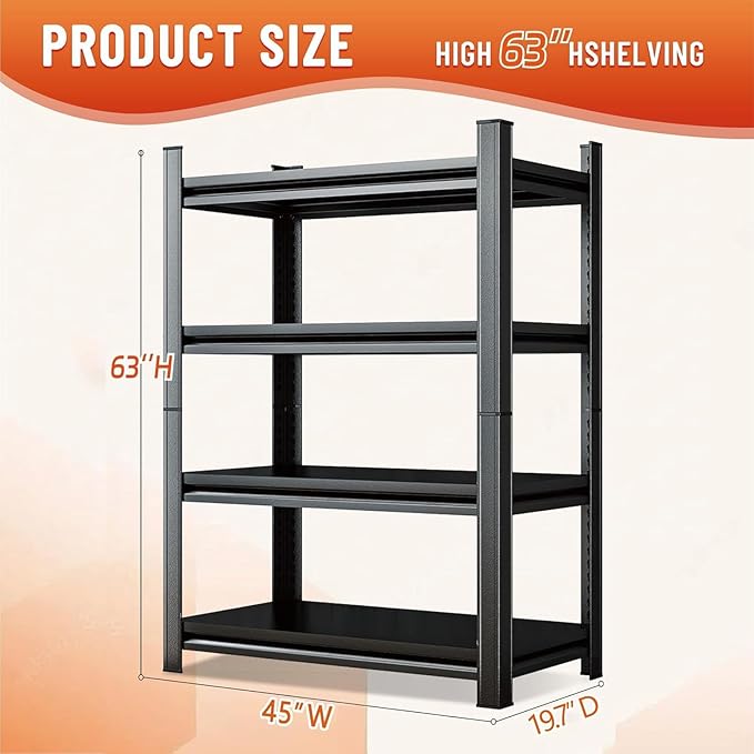 4-Tier Kitchen Shelf Organizer, Solid Metal Adjustable Storage Rack for Pots, Pans, Bottles & Pantry Goods, Space-Saving, Black, 63" H x 45''W x 19.7''D