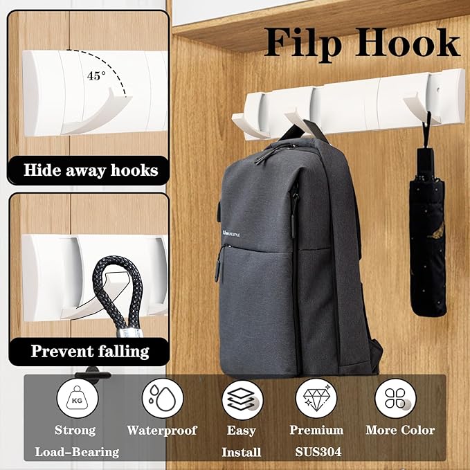 Folding Coat Hooks, Wall Mounted Coat Rack with 8 Retractable Hooks, Heavy Duty Towel Rack for Bathroom Wall Hook for Hanging Clothes Bathrobe, Stainless Steel Coat Hanger for Entryway(White)