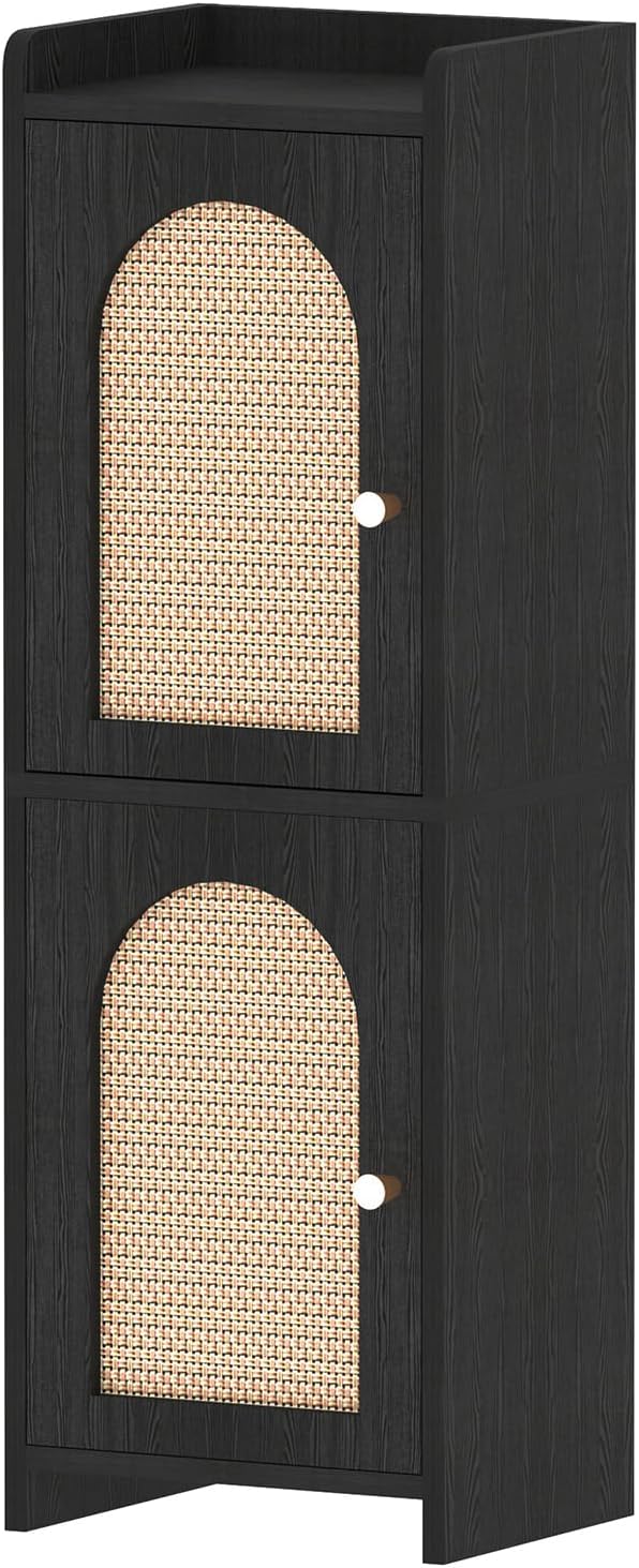 Rattan Bathroom Storage Cabinet,Corner Floor Cabinet with 2 Doors and Adjustable Shelf, Narrow Toilet Paper Cabinets with 2Hooks,Toilet Organizer for Small Spaces,7.87"D*9.84"W*29.72"H（Black）