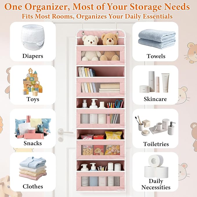SWIND Over the Door Organizer 5-Tier, Heavy Duty Behind Door Storage, Anti-Tilt Capacity, Door Hanging Organizer with Clear Window for Closet, Bathroom, Nursery, Bedroom, Pantry, Shoe Diaper (Pink)