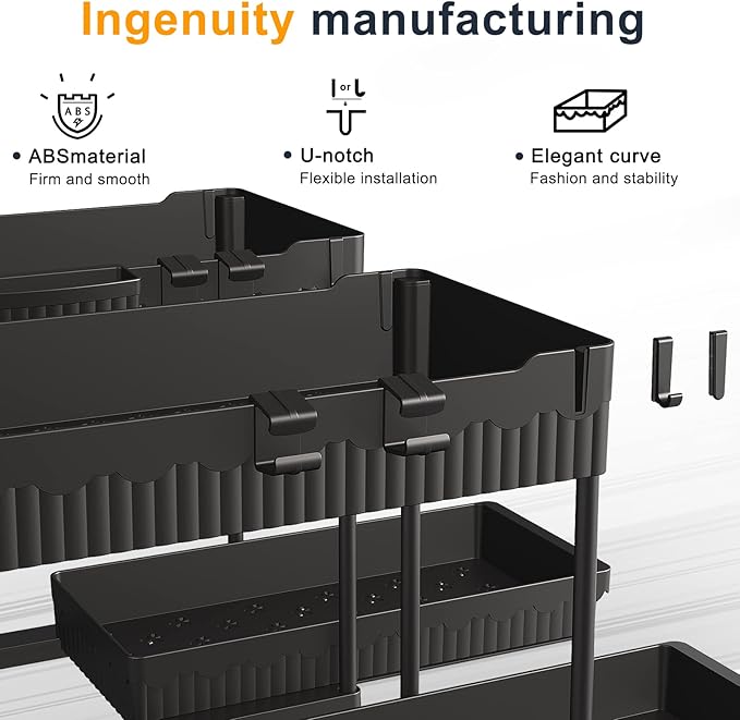 Sevenblue 2 Packs Under Sink Organizer, Height Adjustable 2 Tier Under Kitchen Sink Organizer, Multi-Purpose Storage Shelf for Kitchen Bathroom Cabinet (Black, L)