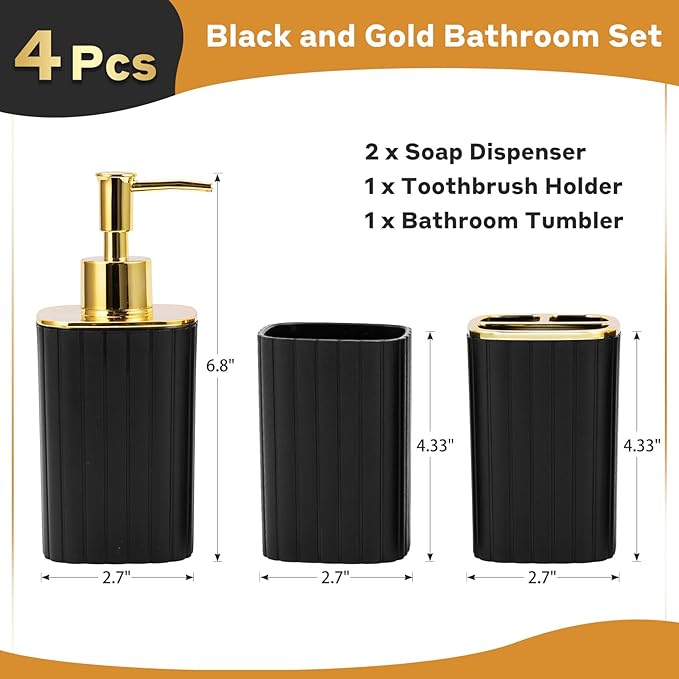 4-Piece Bathroom Accessories Set, Black and Gold Bathroom Set Includes 2 Soap Dispensers, a Toothbrush Holder and Cup, Black Gold Bathroom Decor for Modern Homes