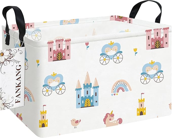 Storage Bins, Nursery Hamper Canvas Laundry Basket Foldable with Waterproof PE Coating Large Storage Baskets for Kids Boys and Girls, Office, Bedroom, Clothes,Toys(Rec-castle carriage ）