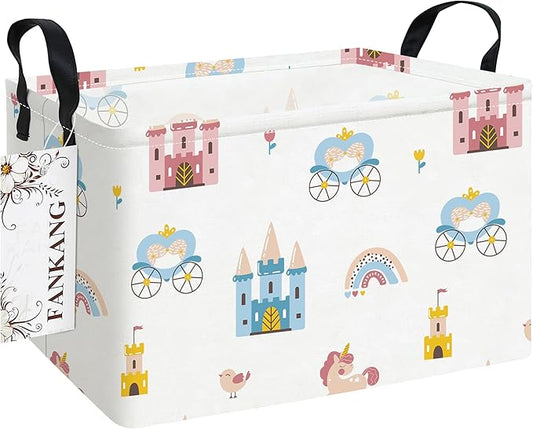 Storage Bins, Nursery Hamper Canvas Laundry Basket Foldable with Waterproof PE Coating Large Storage Baskets for Kids Boys and Girls, Office, Bedroom, Clothes,Toys(Rec-castle carriage ）