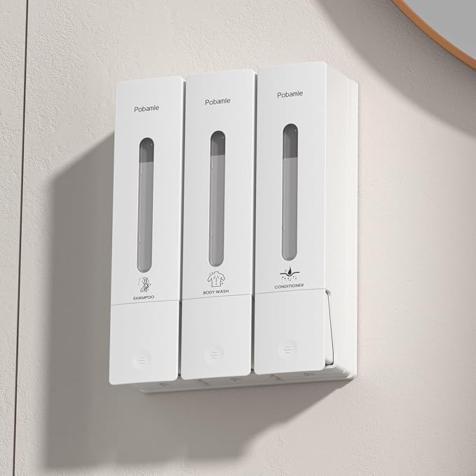 1984 Shower Soap Dispenser Bathroom Set Shampoo Conditioner Body Wash Dispenser Wall Mounted Shower Shampoo Dispenser 3 Chamber No Drill for Home Star Hotel 3 x 400ml White