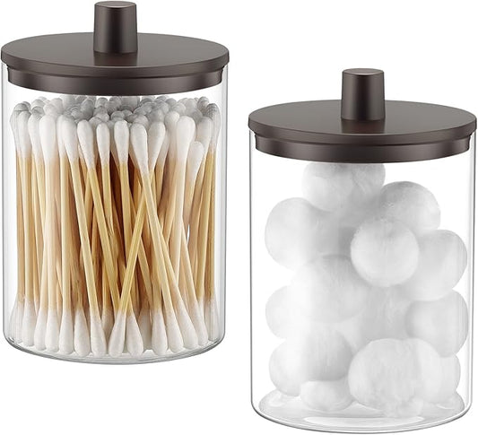 TIPGO Glass Qtip Holder Dispenser for Bathroom - 10 oz Clear Canister Apothecary Jar for Cotton Swabs, Balls, Pads, Floss Picks, Small Containers for Makeup Storage Organizer (2 Pack, Brown)