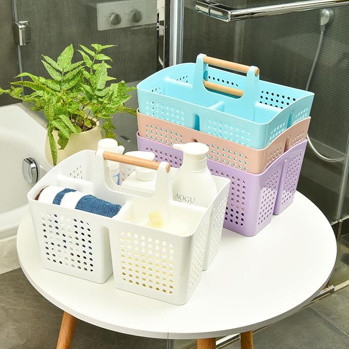 Portable Shower Caddy Basket with Compartments, Plastic Divided Cleaning Caddy Organizer Storage Tote with Handle for Bathroom, College, Dorm Room Essentials, White