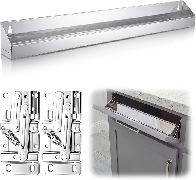 1 Set 28 Inch Stainless Steel Sink Drawer Pivot Hinge Kit Include Tip Out Tray for Sink and Hinges Large Pull Out Storage Organizer for Kitchen Bathroom Base Cabinets