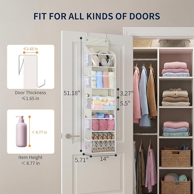 Yecaye 5-Tier Over the Door Organizer Hanging, Toy Stuffed Animal Storage, Behind the Door Storage with 5 Clear View Windows & 10 Side Pockets, Over the Door Storage for Bathroom Closet Nursery, Beige